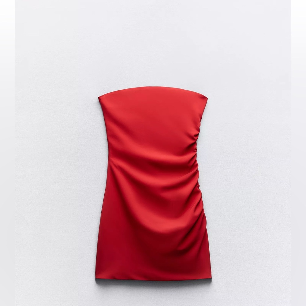 ZARA Ruched Strapless Mini Dress In Red STRETCH Size  XL NEW